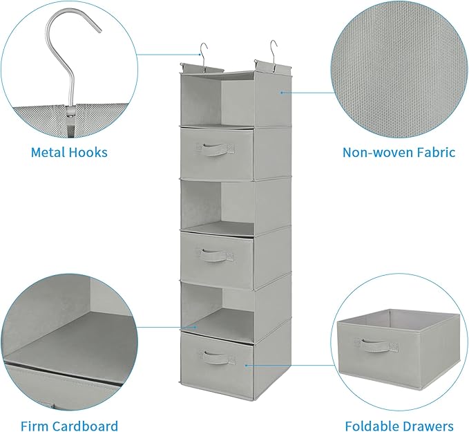 MAX Houser 6 Tier Shelf Hanging Closet Organizer, Closet Hanging Shelf with 2 Sturdy Hooks for Storage, Foldable (Light Grey-
