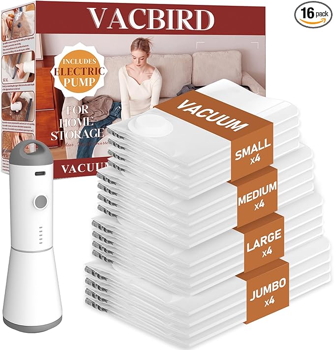 Vacbird Vacuum Seal Bags for Clothing, 16 Pack Vacuum Storage Bags with Rechargeable Cordless Air Pump(4J+4L+4M+4S), Space Sa