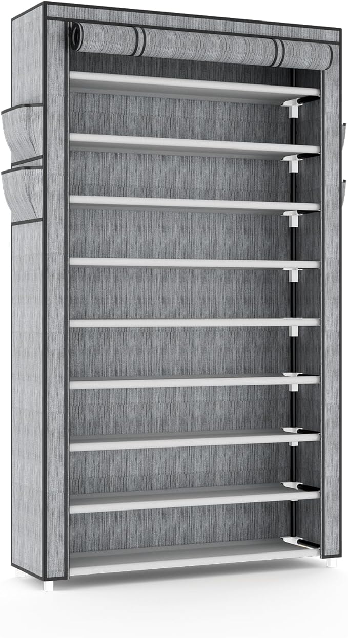 VILICK Shoe Rack with Cover Narrow Shoe Organizer with Pockets 10 Tier Tall Shoe Storage Holds 36-41 Pairs Shoes and Boots Sh