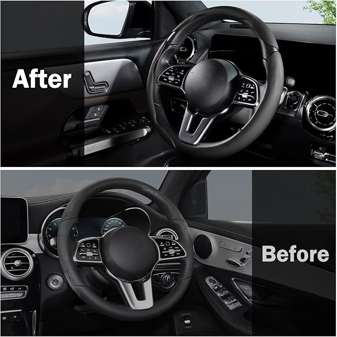 Car Steering Wheel Cover Leather Snap On 3Pcs Set Non-Slip Protector Wrap Steering Wheel Accessories 14.5-15 inch Universal B
