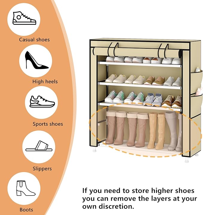 Laiensia 5-Tier Vertical Shoe Rack Organizer, Space Saving Shoe Storage Organizer, Non-Woven Cover Shoe Shelf Holds 20-25Pair