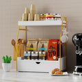 2 Tier Bathroom Counter Organizer with Drawer & Basket, Wooden Vanity Tray Countertop Shelf Accessories for Makeup Storage, C