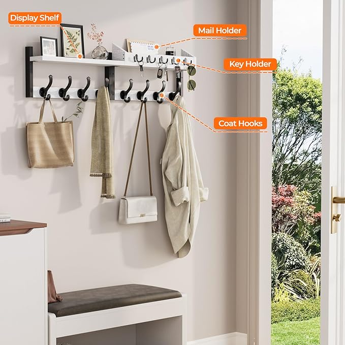 Evermagin 35" Coat Rack Wall Mount with Shelf, 4 in 1 Coat and Key Hanger with 13 Metal Hooks, Entryway Wall Mounted Shelf wi
