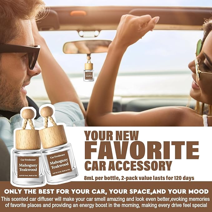 HoogaLife Car Air Freshener Diffuser 2 Pack Hanging Mahogany Teakwood Car Air Freshener for Women 45+ Days Long Lasting Fragr