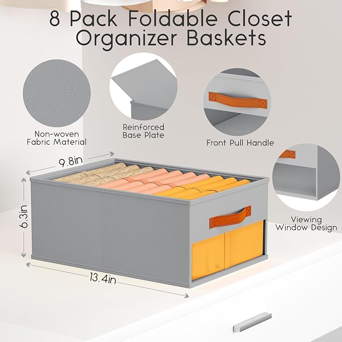 Homsorout Drawer Organizers and Storage - 8 Pack Foldable Pants Organizer with Clear Window & Handles, Fabric Closet Organize