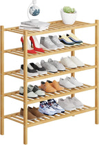 5 Tier Bamboo Shoe Rack Storage Organizer for Closet, Multifunctional Stackable Free Standing Shoe Shelf Organizer for Small 