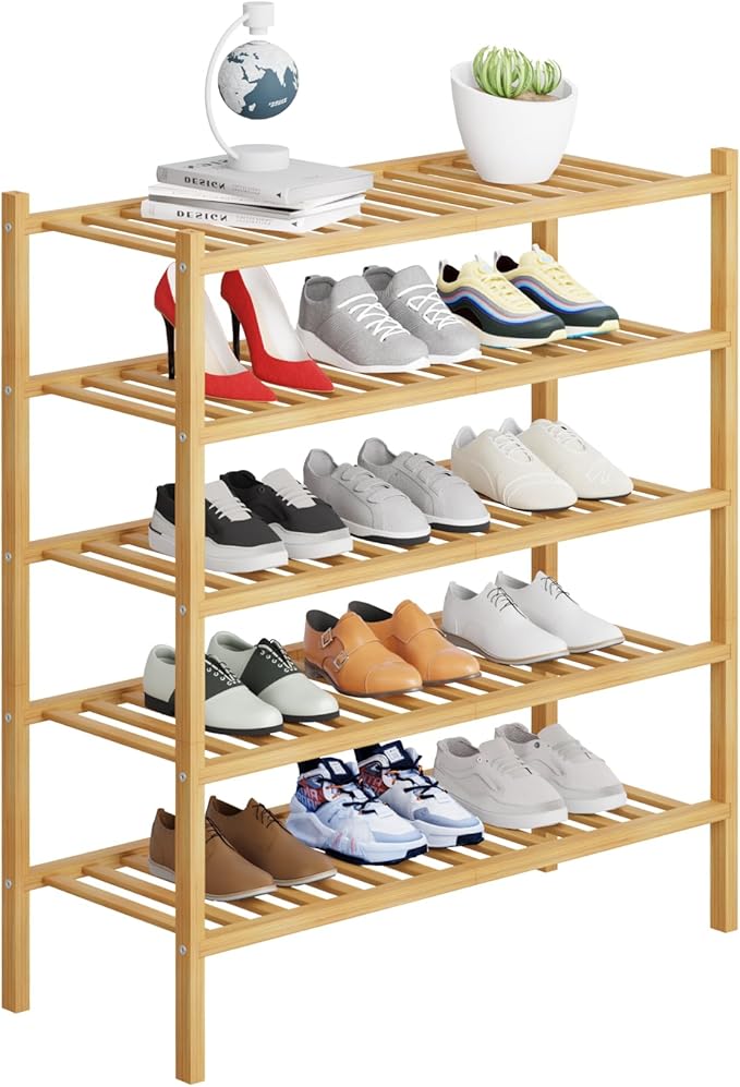 5 Tier Bamboo Shoe Rack Storage Organizer for Closet, Multifunctional Stackable Free Standing Shoe Shelf Organizer for Small 