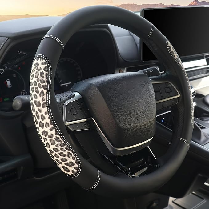 KAFEEK Microfiber Leather Leopard Steering Wheel Cover, Spliced Patchwork Design for Comfort Grip, Universal 15 inch, Breatha