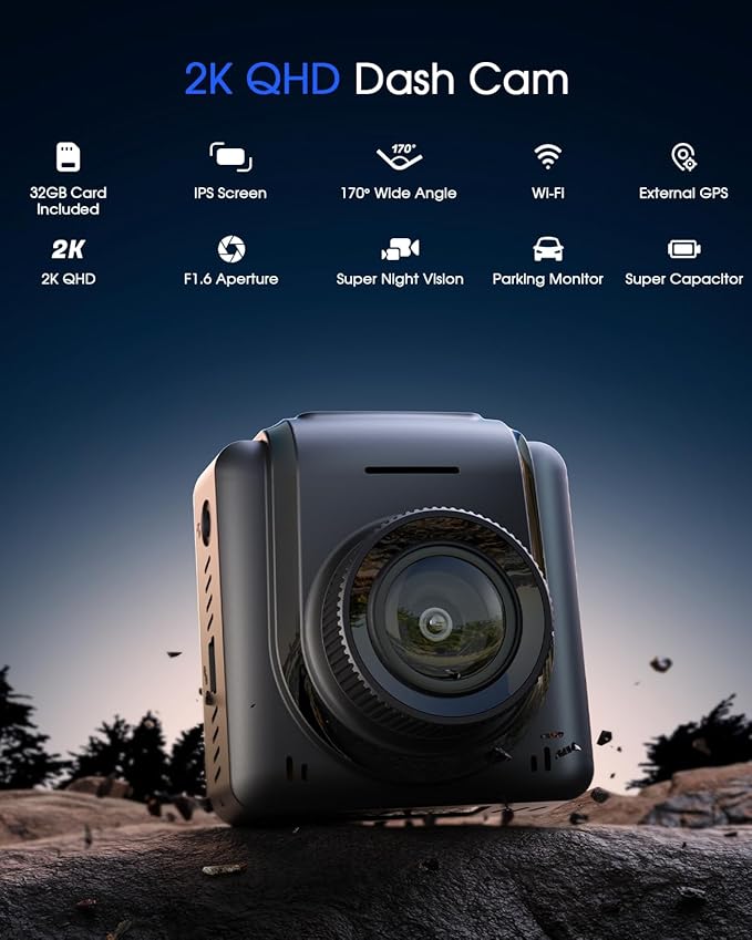2K Dash Cam with 32 GB Card, 1.5'' IPS Screen, External GPS, WiFi Dash Camera for Cars, Front Dashcams for Cars with APP, WDR