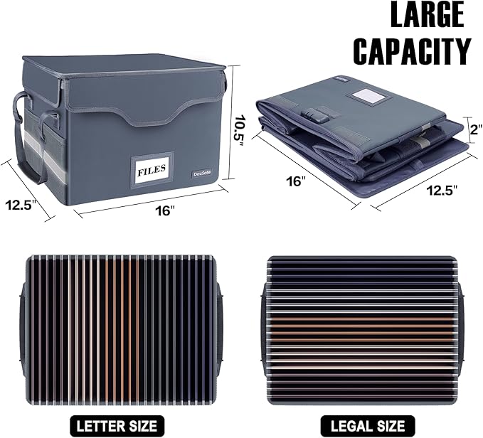 DocSafe Fireproof Document Box with Lock,File Storage Organizer with Zipper Pockets,Collapsible Portable File Box Home Office