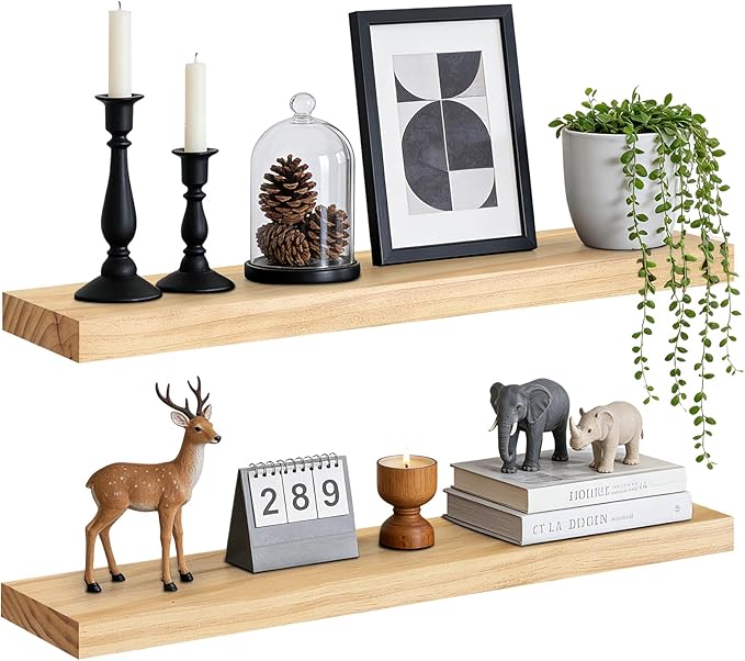 Floating Wall Shelves 30x6.8x1.7 Inch – Solid Wood Rustic Shelves in Natural Wood Finish – Wall Mounted Heavy Duty Display Sh
