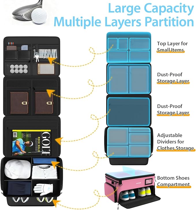 4-Layer Golf Trunk Organizer, Golfer Gifts for Women with Separate Ventilated Compartment for 2 Pairs Shoes, Waterproof Car