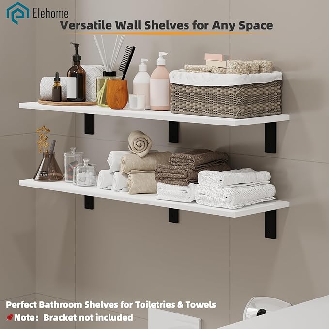 Floating Shelf Board for Wall 5/8" – No Brackets – 36" L x 12" W x 0.6" T White Melamine Wood Floating Shelves for Bathroom, 
