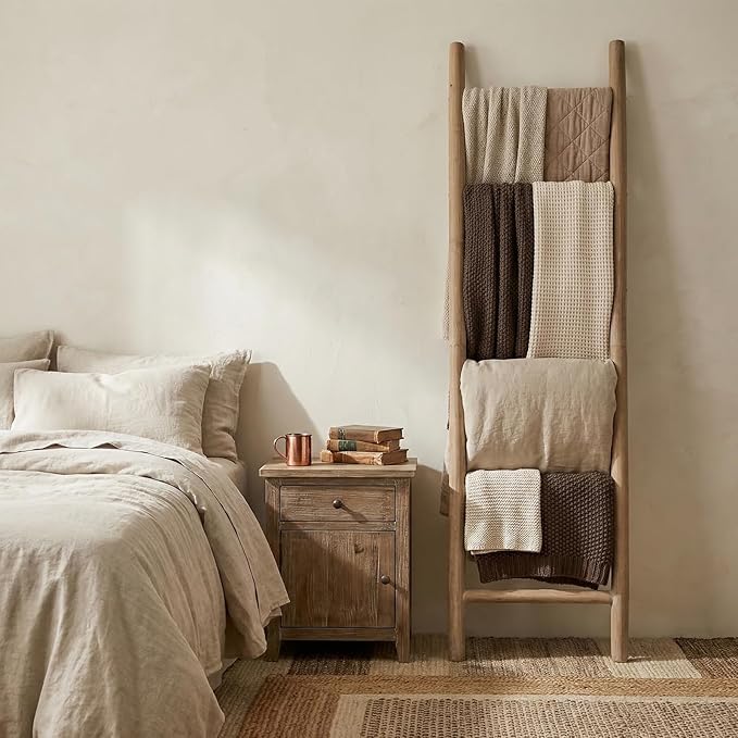 Wooden Blanket Ladder - 76in Natural Wood Color- Leaning Wall Decor for Bedroom, Bathroom, Living Room - Rustic Quilt Holder 