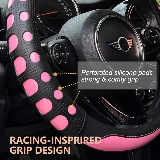 PINCTROT Race Grip Steering Wheel Cover, Anti Slip Silicone Perforated Design with Soft Touch Padding, Enhanced Grip for Sporty Driving 14.5-15 Inch (Racing Pink)