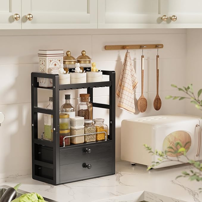 AmazerBath Bamboo Bathroom Countertop Organizer, 2-Tier Makeup Organizer with 2 Drawers, Vanity Organizer Storage Coffee Matc