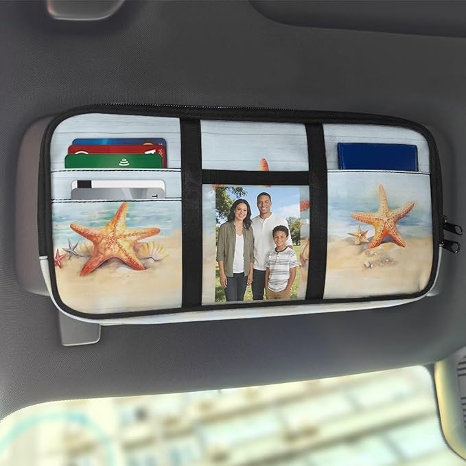 Beach Starfish Car Sun Visor Organizer Fashion Car Sun Visor Storage Bag Multi-Pocket Car Interior Accessories Easy to Store and Install Fits for Cars SUV