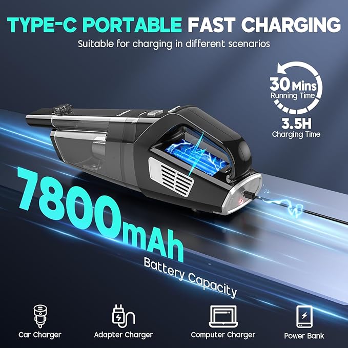 Handheld Vacuum Cordless, 15000PA Strong Suction Hand Held Car Vacuum Cleaner Portable with Multi-Nozzles & Washable Filter, 