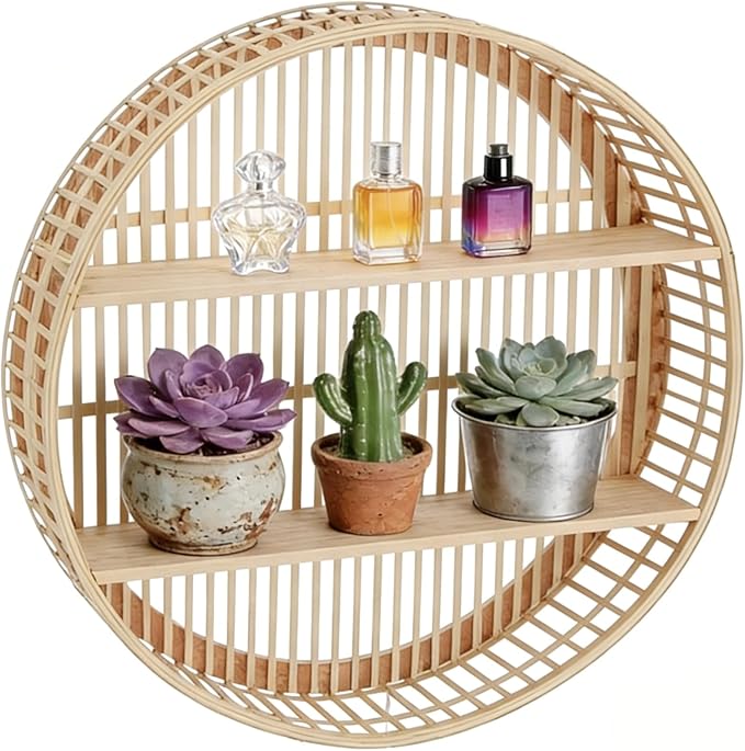 OMISTAR Rattan Wall Shelf, 3 Tier Round Wall Mounted Shelf, Handwoven Boho Floating Display Shelf, Farmhouse Hanging Storage 
