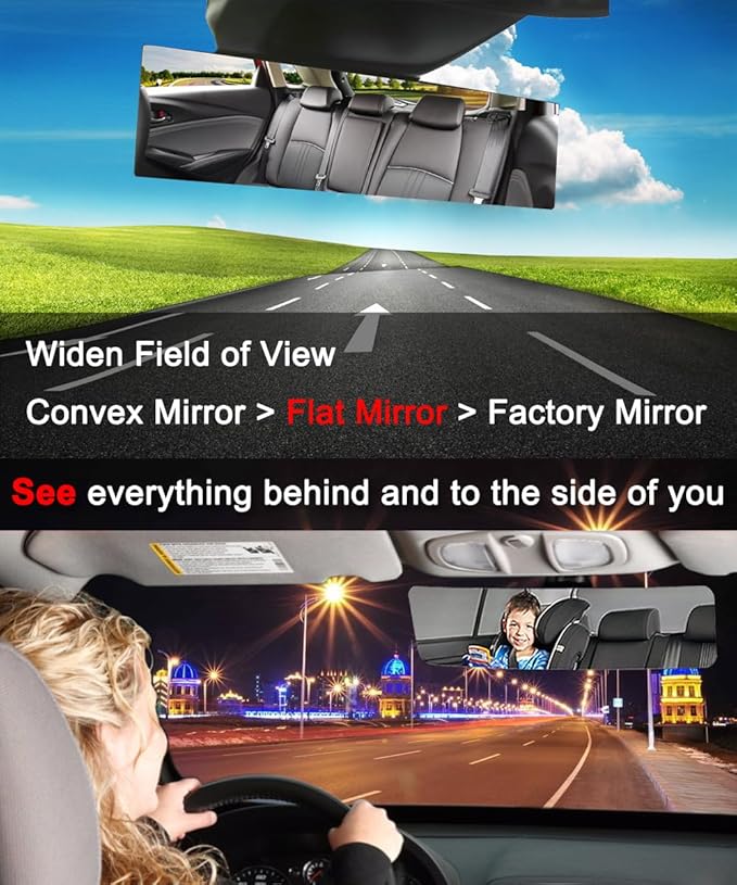 SkycropHD Frameless Rear View Mirror Interior Panoramic Wide Angle Mirror Eliminate Blind Spots for Car SUV Truck – Flat,11.8in (White)