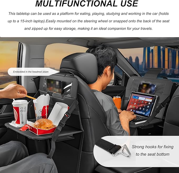 Car Steering Wheel Tray, Foldable Car Laptop Desk Eating Food Tray with Transparent Holder & Tissue Box, Adjustable Back Seat Headrest Table for in-Car Dining Working Studying (Red)