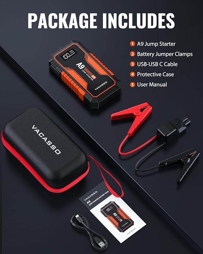 Jump Starter 4000A, VACASSO A9 Battery Jumper Starter Portable (7L Gas/4L Diesel), 12V Car Battery Booster Jump Starters
