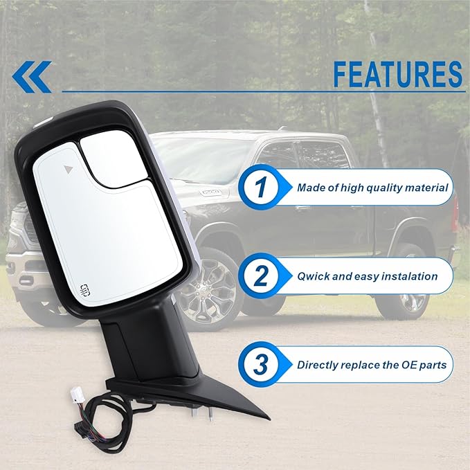 Left Driver Side Mirror Fits 2019 2020 2021 2022 2023 2024 2025 2026 Ram 1500 With Power Folding Heated Turn Signal Puddle Light Blind Spot Temperature Sensor Chrome Replace#68462771AB(9+6Pins)