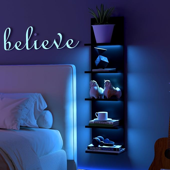 5-Tier Wall Shelf Unit with RGB Light, Floating Lack Shelf for Storage, Wall Mounted Vertical Display Shelf for Bedroom Livin
