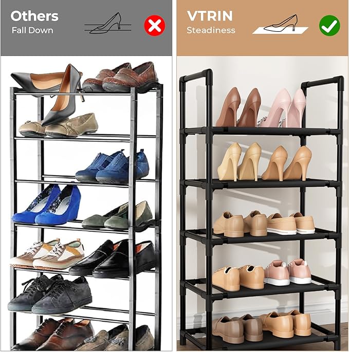 VTRIN 10 Tiers Tall Shoe Rack Holds 20-25 Pairs of Shoes Sturdy Vertical Shoe Organizer with 18pcs Hooks Stackable Narrow Sho