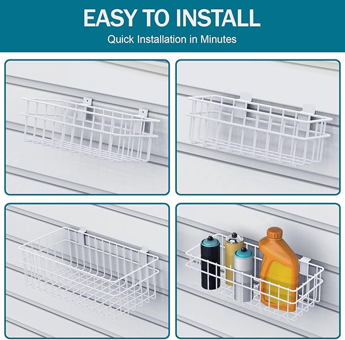 4 Pack Large Slatwall Baskets Set, Ventilated Metal Hanging Storage Slat Wall Basket, Mounted Slatwall Accessories for Garage