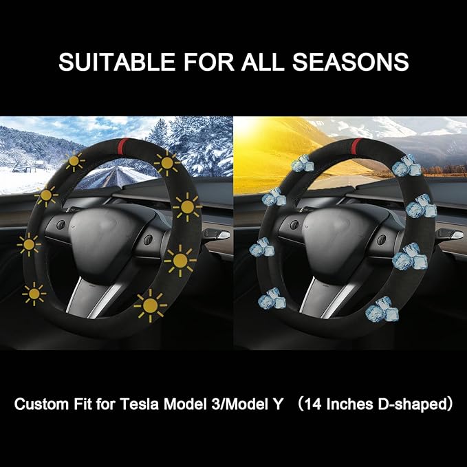 Suede Steering Wheel Cover for Tesla Model 3/Y, Anti Heat, Breathable, Anti-Slip,Leather Steering Wheel Cover 14-14 1/4 in (35.5-36 cm) (Black 01 with Red Mark)