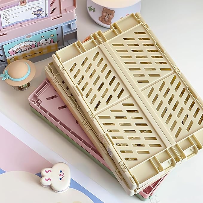 Small Pastel Plastic Storage Bins 2Pcs Foldable Pastel Crates Plastic Basket Colorful Storage Containers Baskets for Classroo