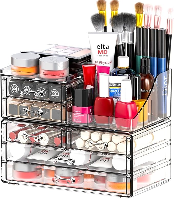 SUOXING Clear Acrylic Makeup Organizer for Vanity,Bathroom,Dresser,6 Drawer Cute Make up Organizers for Counter,Plastic Coun