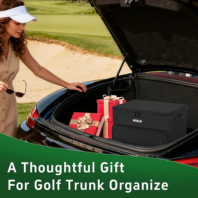 ANILD Golf Trunk Organizer, 2 Layer Golf Storage Case with Separate Ventilated Compartment for 2 Pair Shoes, for Balls, Tees,