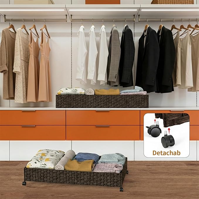 Under Bed Storage with Wheels, 40L Large Rolling Underbed Shoes Storage Boxs, Handwoven Rattan Under Bed Storage Organizer Dr