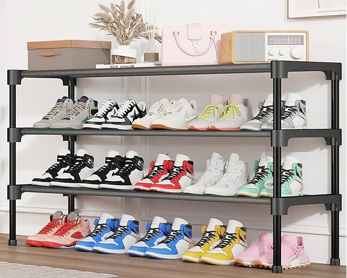 SAN HE Long Shoe Rack-Shoe Organizer 3 Tier Shoe Rack for Closet Front Door Entryway Garage, Stackable Free Standing and Free