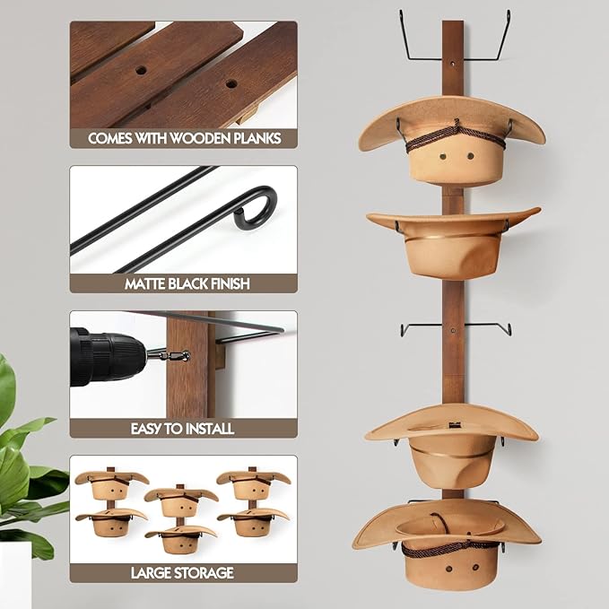 Cowboy Hat Holder, 3-Piece Wall Mount Cowboy Hat Rack for Wall Holds up to 6 Hats – Wooden + Metal Rustic Western DIY Hat Rac