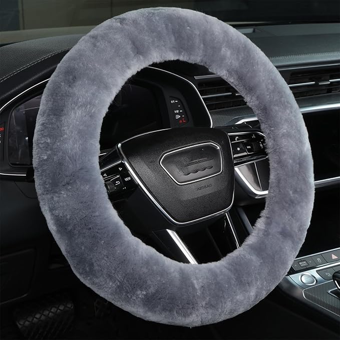 Fuzzy Wool Sheepskin car Steering Wheel Cover for Girls Women Men,Fluffy Soft Protector for Universal Steering Wheel 14 1/2-1