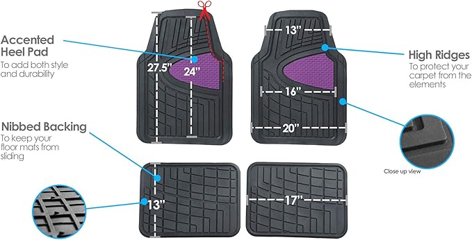 FH Group Premium Liners Tall Channel Trimmable All Weather Rubber Full Set Car Floor Mats (Purple) w. Trimmable All-Season Cargo Liner (Black) - Universal Fit for Cars Trucks and SUVs