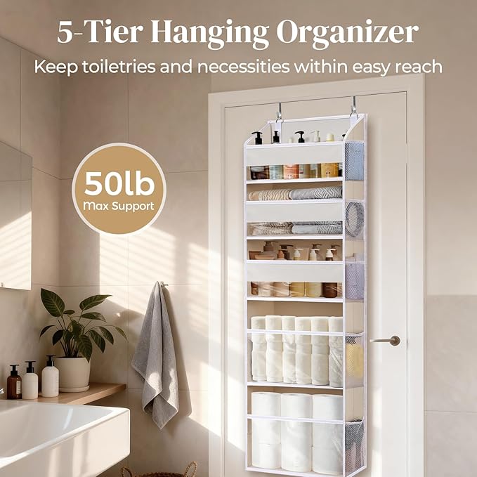 5 Tiers Over the Door Organizer with 10 Mesh Side Pockets, 44 lbs Weight Capacity Closet Hanging Storage Organizer with Large