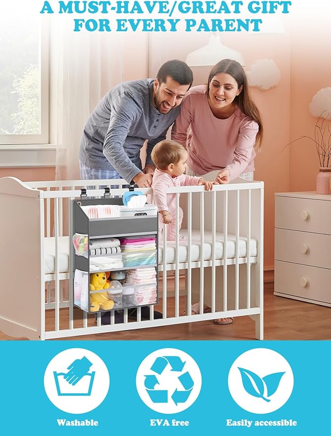 Hanging Diaper Caddy Organizer Crib Organizer–Spacious Baby Girl/Boy Nursery Storage Organizer for Changing Table, Playpen/Wa