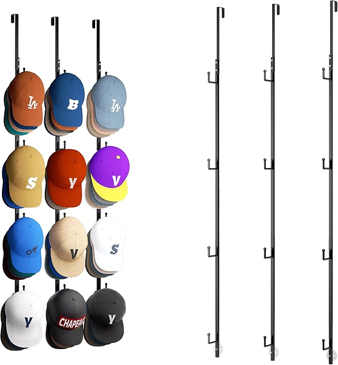 HapiRm Over Door Hat Rack - 3 Packs Hat Organizer with 12 Hooks Design, Hanging Baseball Cap Organizer Storage Holds Up to 60