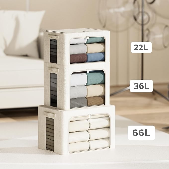 4 Pack Clothes Storage Bins with Metal Frame - 22L Stackable Storage Box with Lid，Foldable Storage Container Organizer for Cl