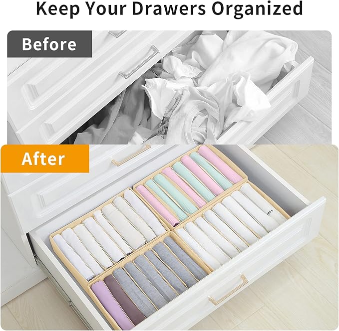 Qozary 4 Pack Drawer Organizers for Clothing, 8 Grids Foldable Closet Organizers and Storage Bins for Bedroom, Dresser Organi