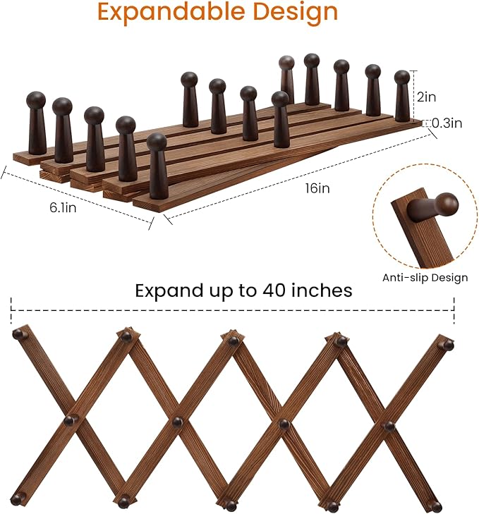 Homode Accordion Wall Hanger, Hat Rack for Wall, Wood Expandable Coat Rack, Vintage Accordian Peg Hooks Purse Organizer for H