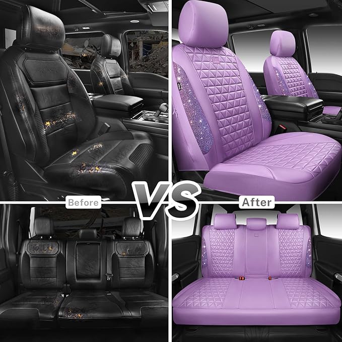 CAR PASS Light Purple Bling Diamond Leather Car Seat Covers Full Sets, Waterproof Shining Glitter Sparkly Crystal Universal A