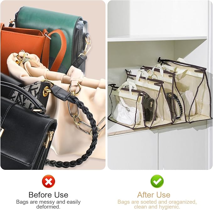 16 Pack Clear Handbag Storage Organizer and 16 Stainless Steel S-Hooks Anti-dust Purse Storage Bags with Zipper and Handle Mo