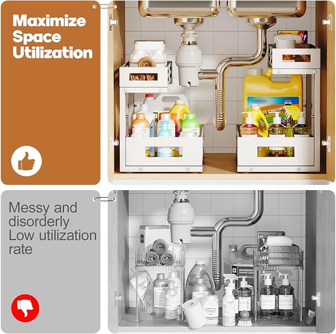 1-Pack Under Sink Organizers and Storage,2-Tier L Shape Pull Out Cabinet Organizer With Round Tube Slide Rails,Hight Adjustab
