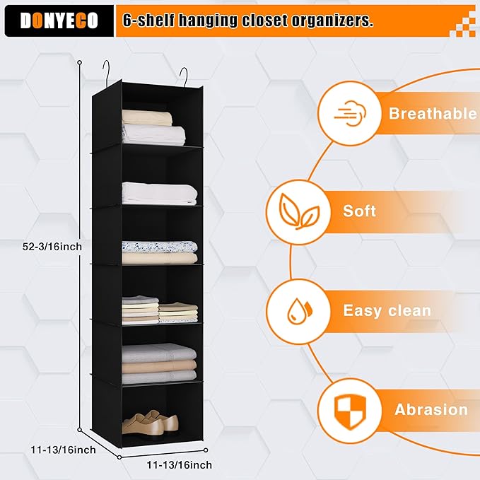 Hanging Closet Organizer and Storage 6-Shelf, Easy Mount Foldable Hanging Closet Wardrobe Shelves, Clothes Handbag Shoes Acce