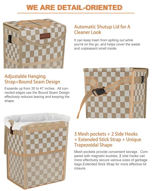Car Trash Can with Lid, Cute Leakproof Car Trash Garbage Bag Hanging Vehicle Trash Bin Small Portable Automotive Garbage Cans Organizer for Back/Front Seat(Trapezoid,Khaki Checkered)